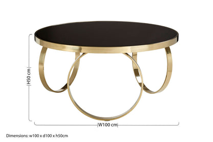 Ragusa black mirrored glass round coffee table, styled living room