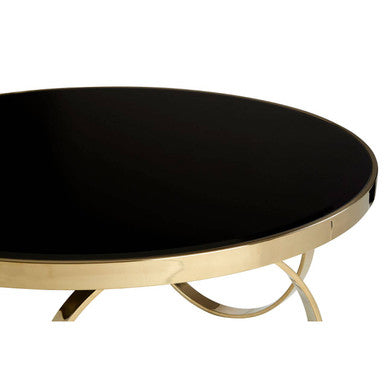 Ragusa black mirrored glass round coffee table, close up view 1