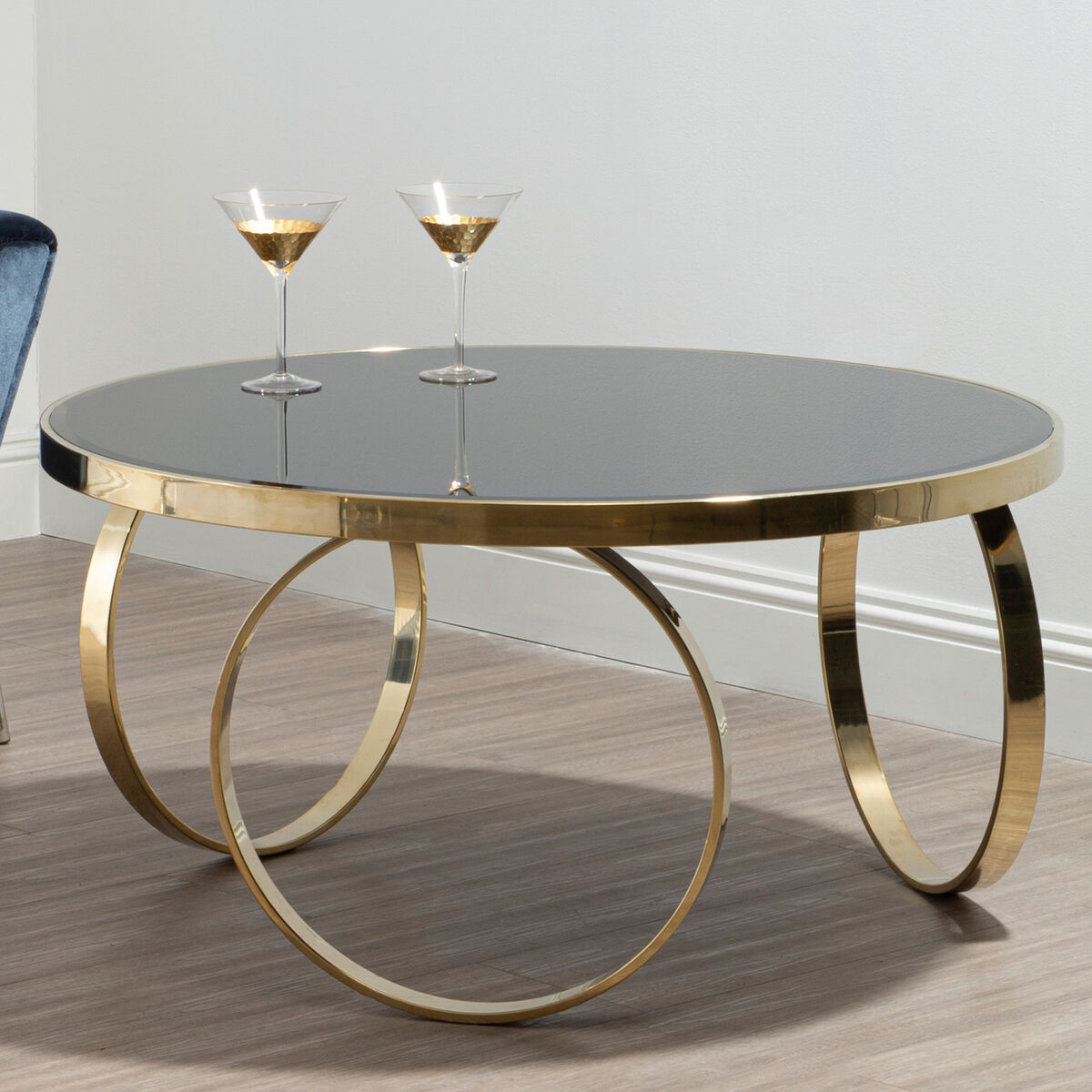 Ragusa black mirrored glass round coffee table, front view