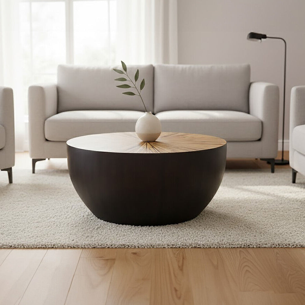 Gabo black and natural bamboo small round coffee table, front view