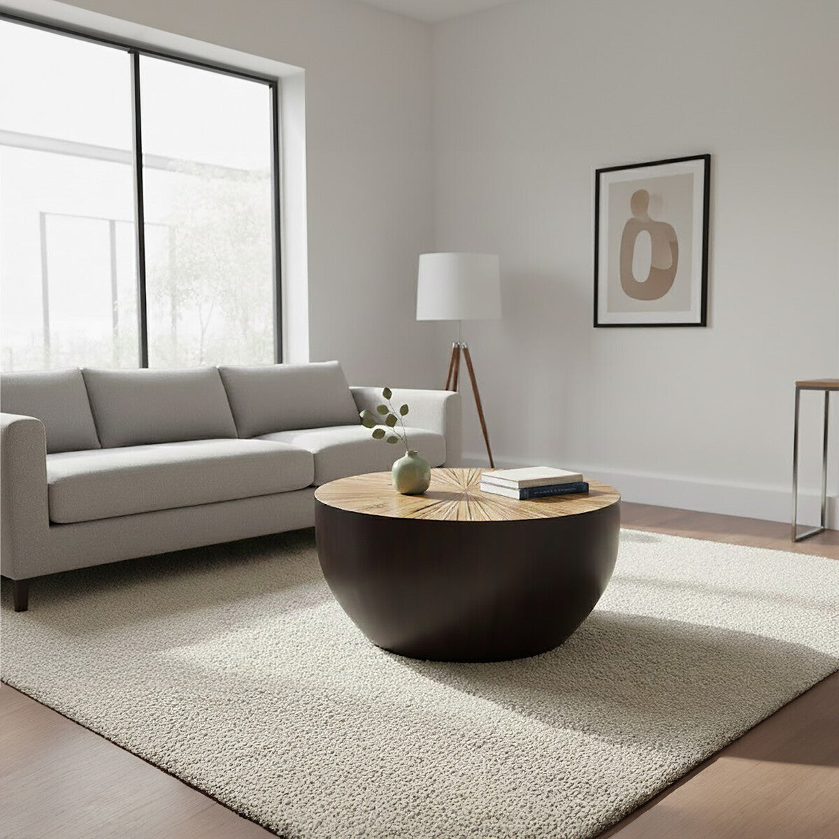 Gabo black and natural bamboo small round coffee table, styled living room