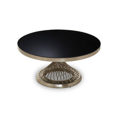 Anzio black glass silver base round coffee table, tabletop detail