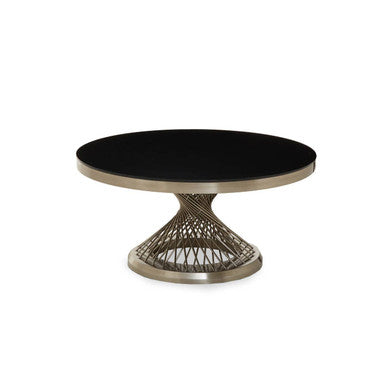 Anzio black glass silver base round coffee table, side angle