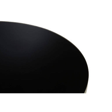 Anzio black glass silver base round coffee table, close up view 1