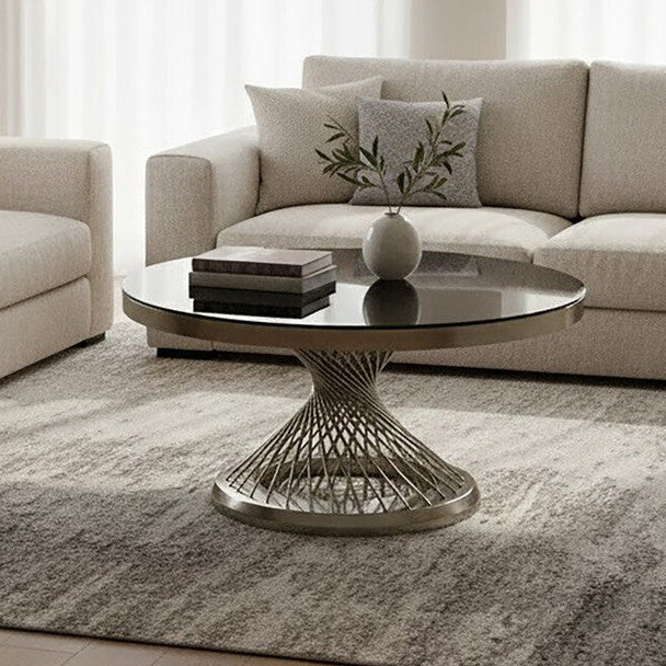 Anzio black glass silver base round coffee table, front view