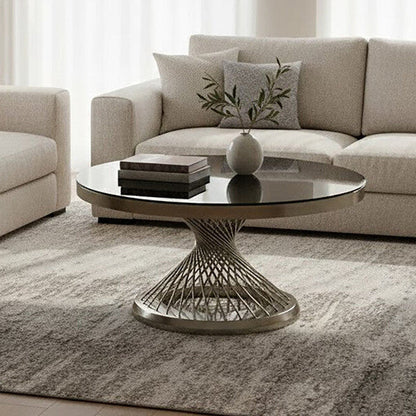 Anzio black glass silver base round coffee table, front view