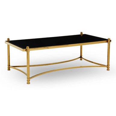 Ackley black glass gold rectangular coffee table, tabletop detail
