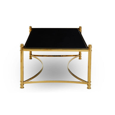 Ackley black glass gold rectangular coffee table, close up view 1