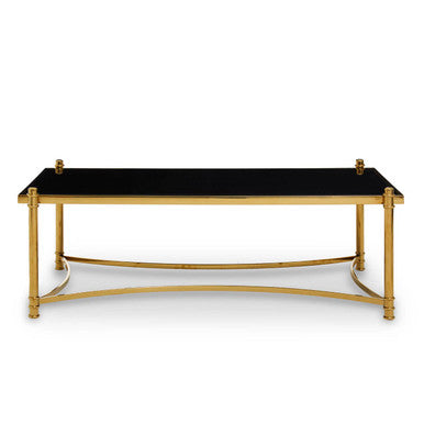 Ackley black glass gold rectangular coffee table, side angle