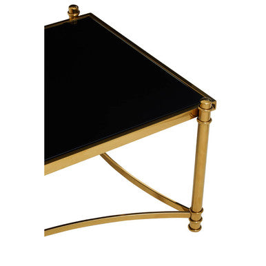 Ackley black glass gold rectangular coffee table, close up view 2