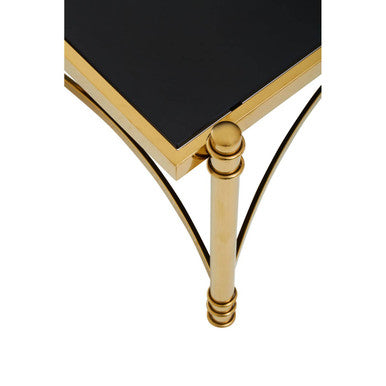 Ackley black glass gold rectangular coffee table, close up view 3