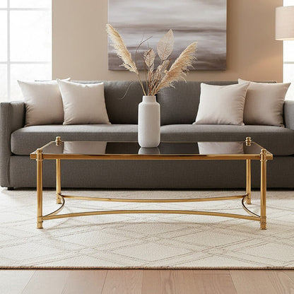 Ackley black glass gold rectangular coffee table, front view