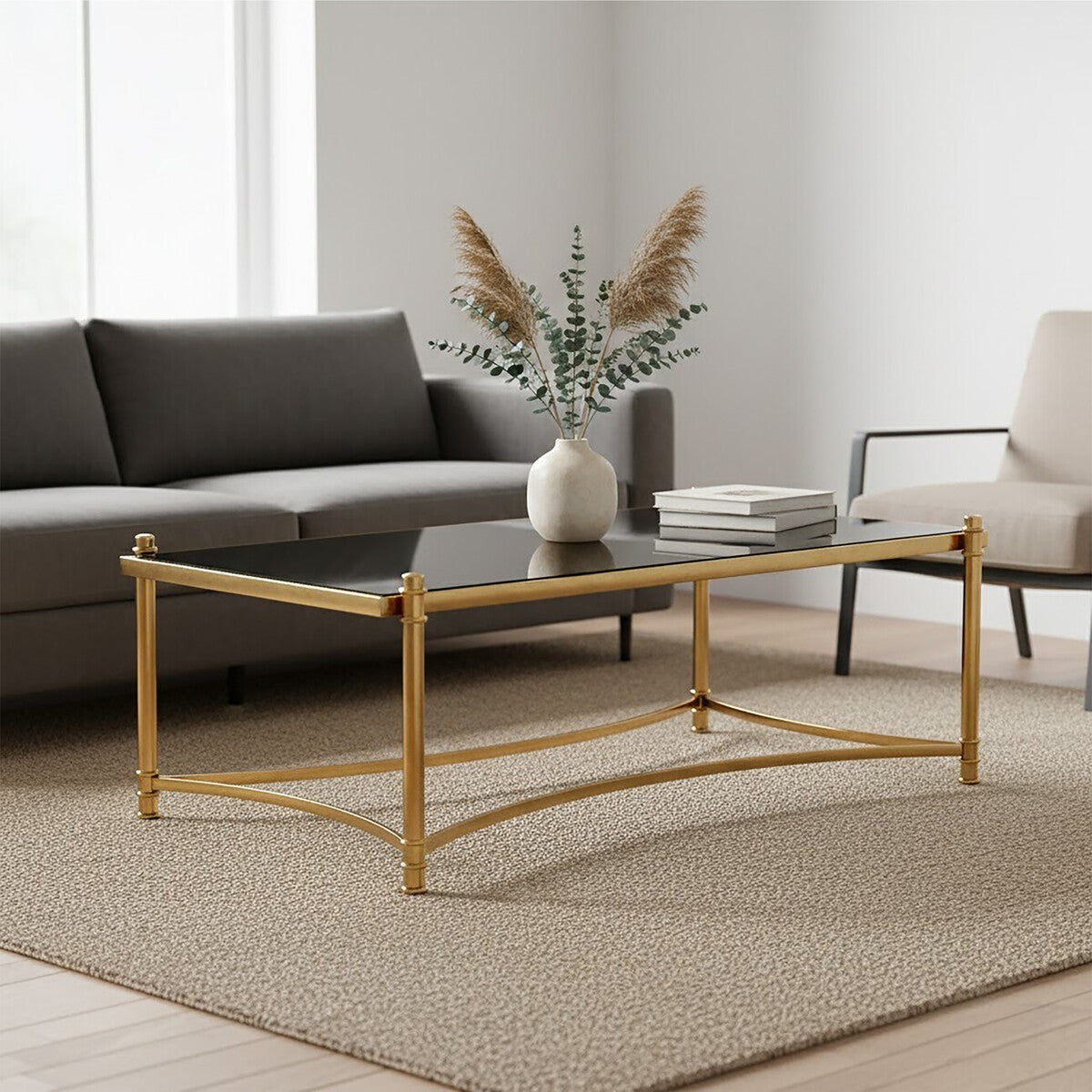 Ackley black glass gold rectangular coffee table, styled living room