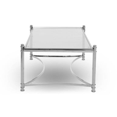 Ackley clear glass silver rectangular coffee table, close up view 1