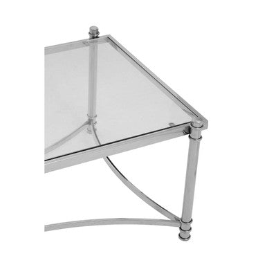 Ackley clear glass silver rectangular coffee table, close up view 2