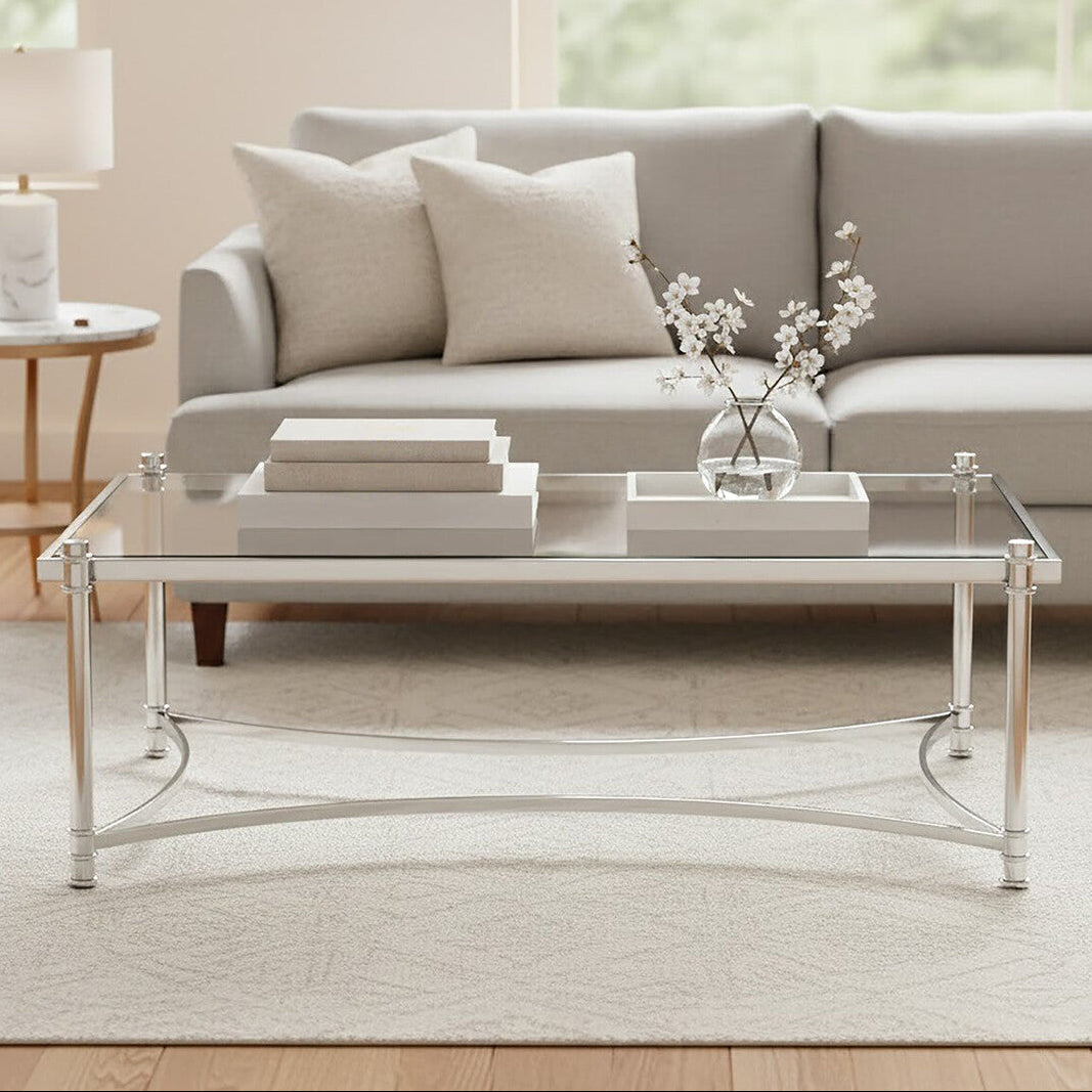 Ackley clear glass silver rectangular coffee table, front view