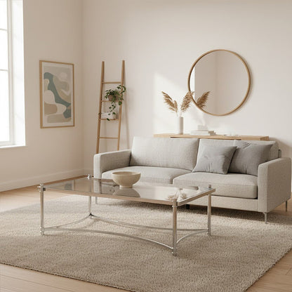 Ackley clear glass silver rectangular coffee table, tabletop detail