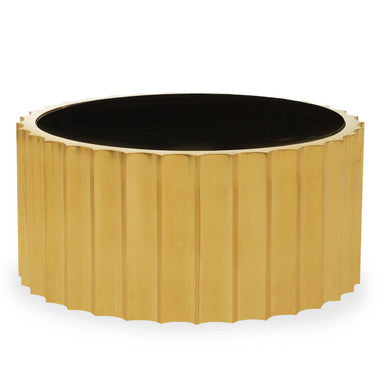 Alvaro black glass gold ribbed round coffee table, side angle