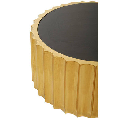Alvaro black glass gold ribbed round coffee table, close up view