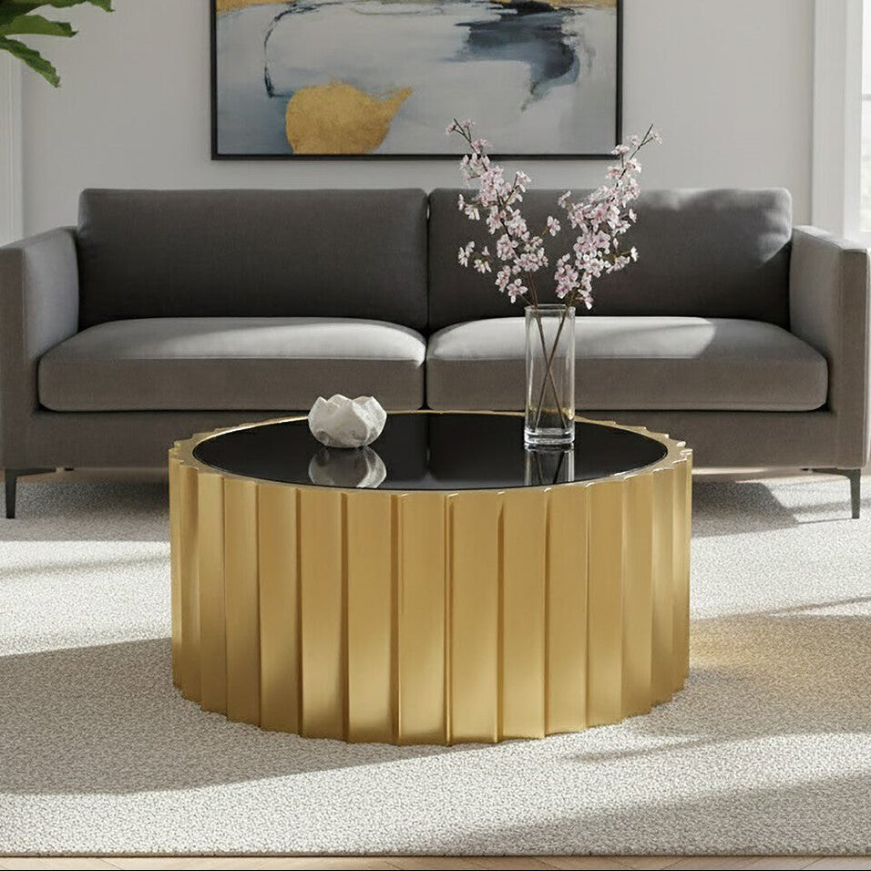Alvaro black glass gold ribbed round coffee table, front view