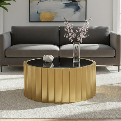 Alvaro black glass gold ribbed round coffee table, front view