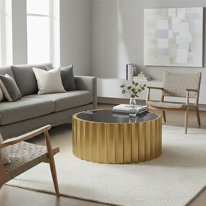 Alvaro black glass gold ribbed round coffee table, tabletop detail