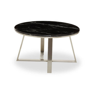 Alvaro black marble silver round coffee table, styled living room