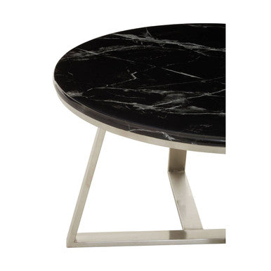 Alvaro black marble silver round coffee table, close up view 2