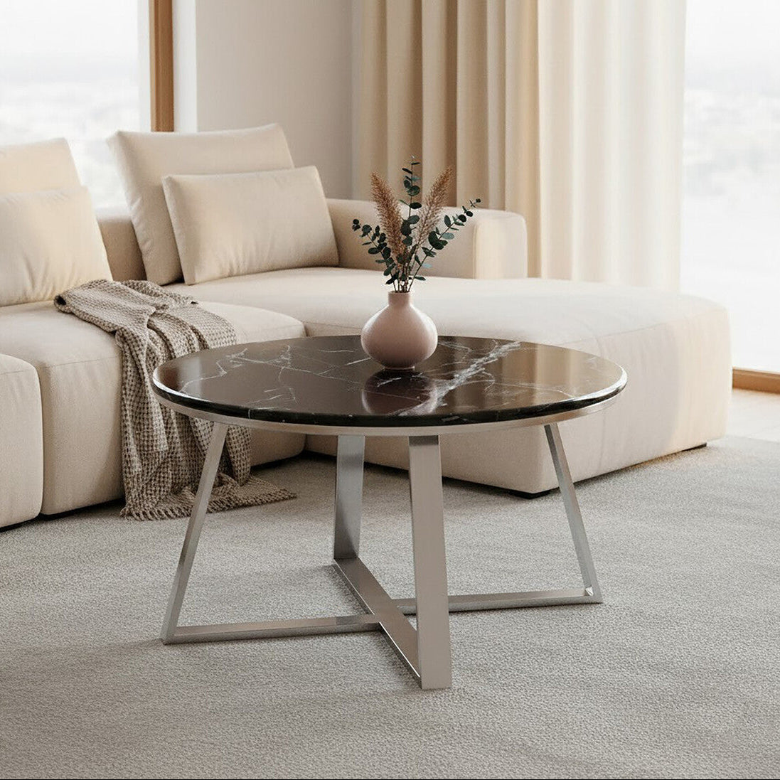 Alvaro black marble silver round coffee table, front view