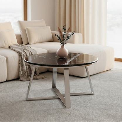 Alvaro black marble silver round coffee table, front view