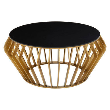 Ackley black glass gold round coffee table, side angle
