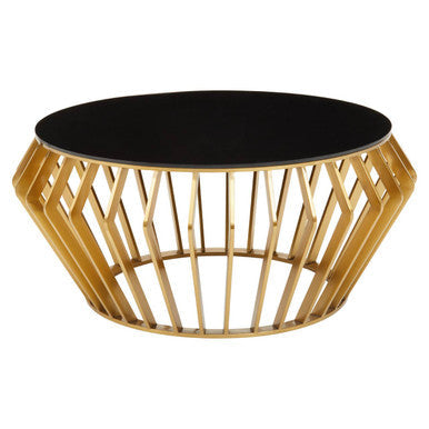 Ackley black glass gold round coffee table, styled living room