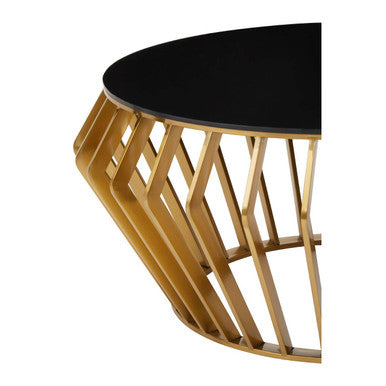 Ackley black glass gold round coffee table, tabletop detail