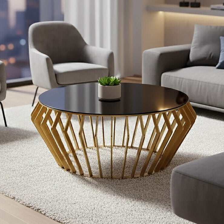 Ackley black glass gold round coffee table, front view