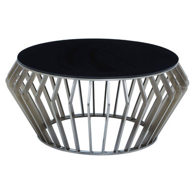 Ackley black glass silver round coffee table, side angle