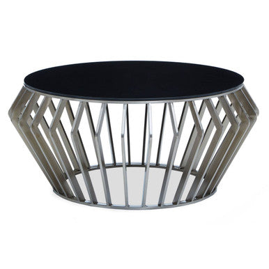 Ackley black glass silver round coffee table, styled living room