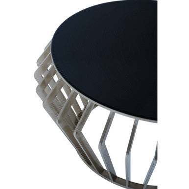 Ackley black glass silver round coffee table, tabletop detail