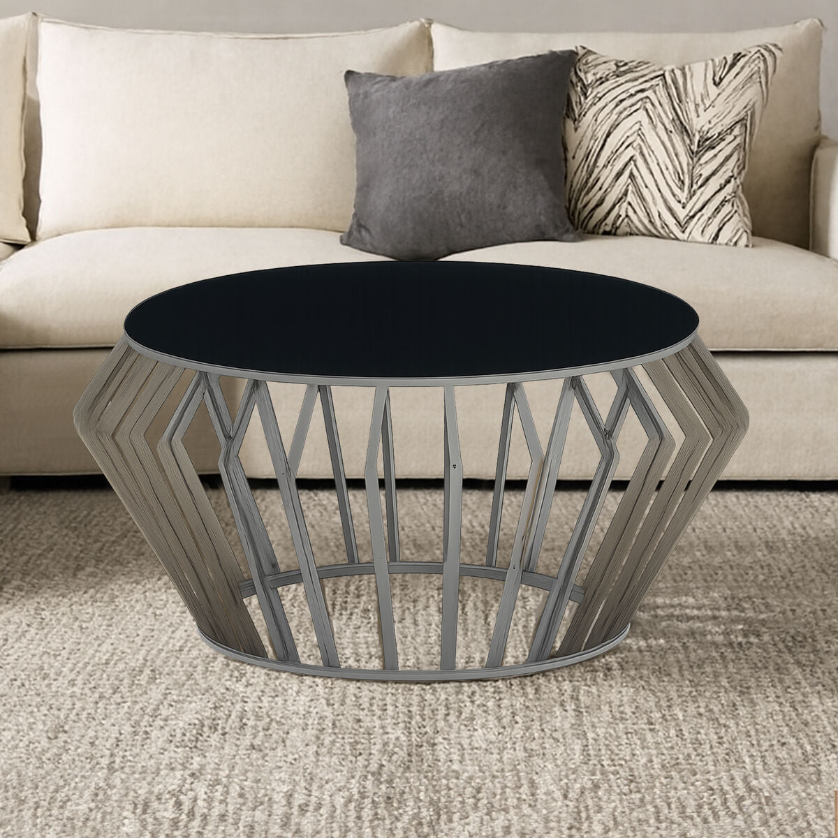 Ackley black glass silver round coffee table, front view