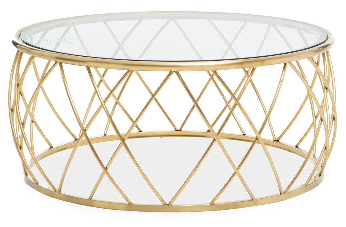 Ackley clear glass gold round coffee table, tabletop detail