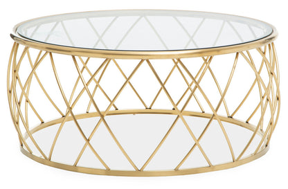 Ackley clear glass gold round coffee table, tabletop detail