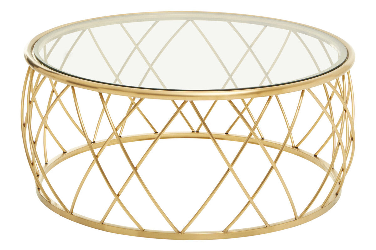 Ackley clear glass gold round coffee table, side angle