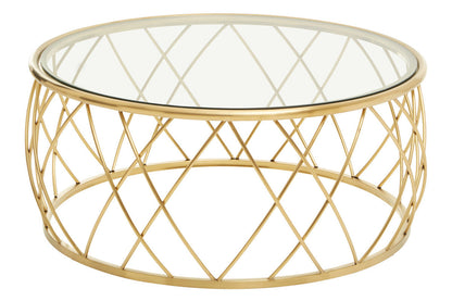 Ackley clear glass gold round coffee table, side angle