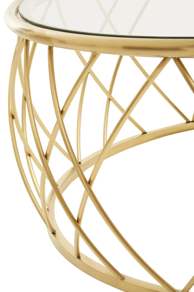 Ackley clear glass gold round coffee table, close up view 3