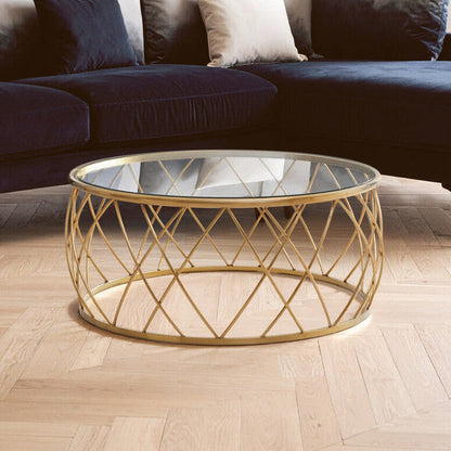 Ackley clear glass gold round coffee table, front view