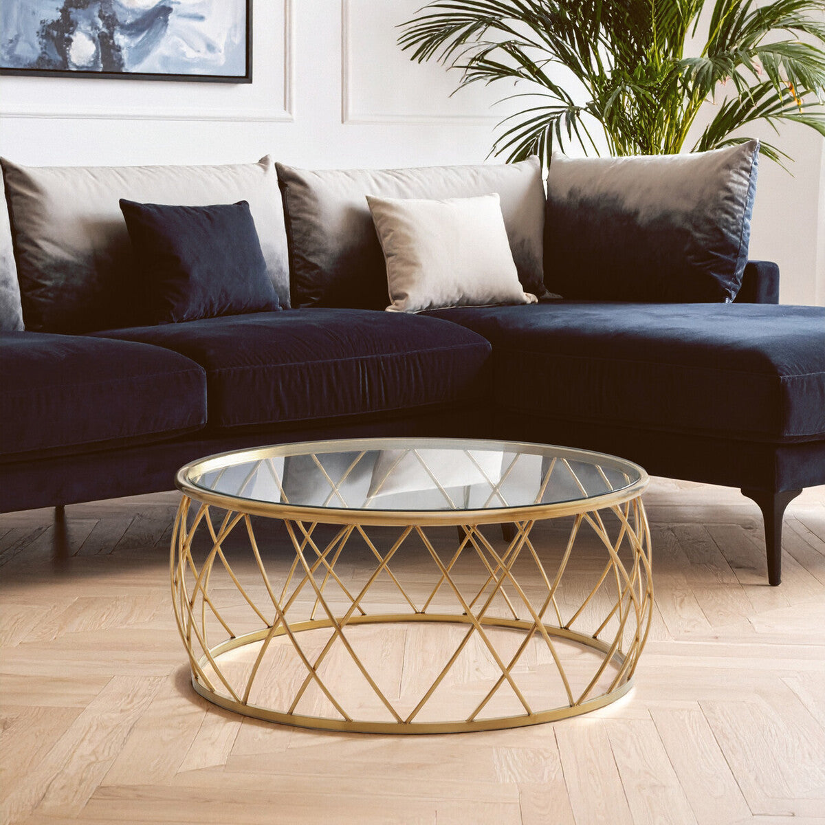 Ackley clear glass gold round coffee table, styled living room 1