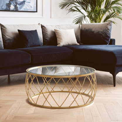 Ackley clear glass gold round coffee table, styled living room 1