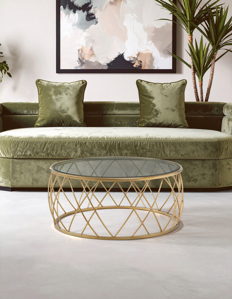 Ackley clear glass gold round coffee table, close up view 1