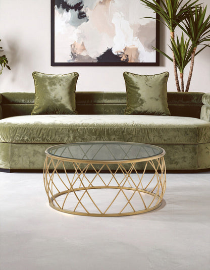 Ackley clear glass gold round coffee table, close up view 1