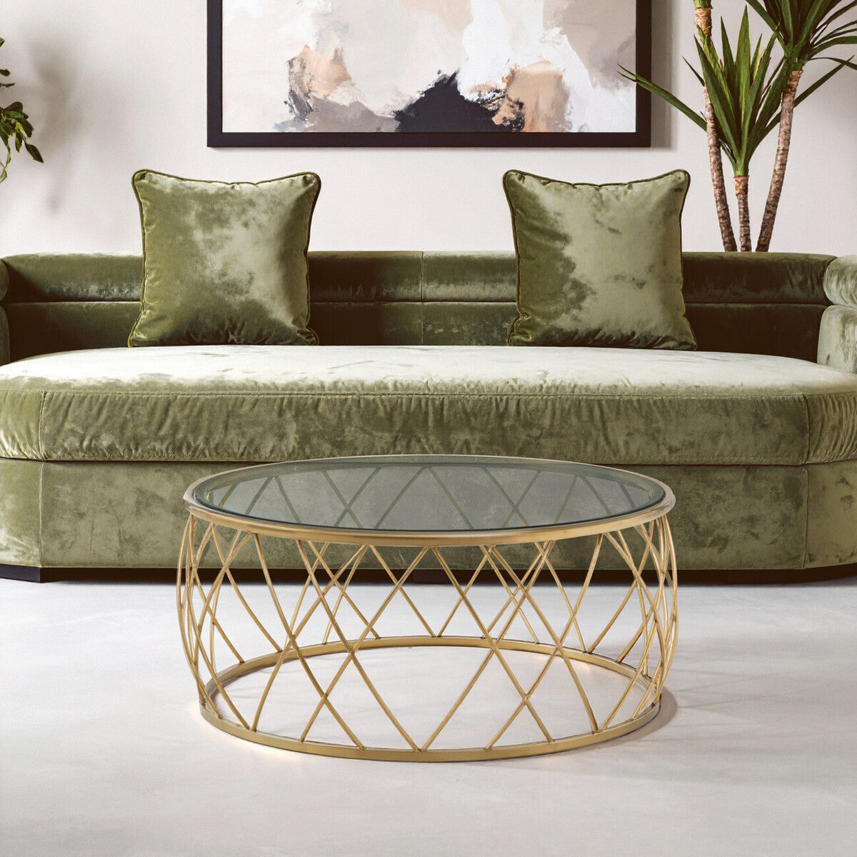 Ackley clear glass gold round coffee table, close up view 2