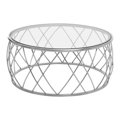 Ackley clear glass silver round coffee table, side angle